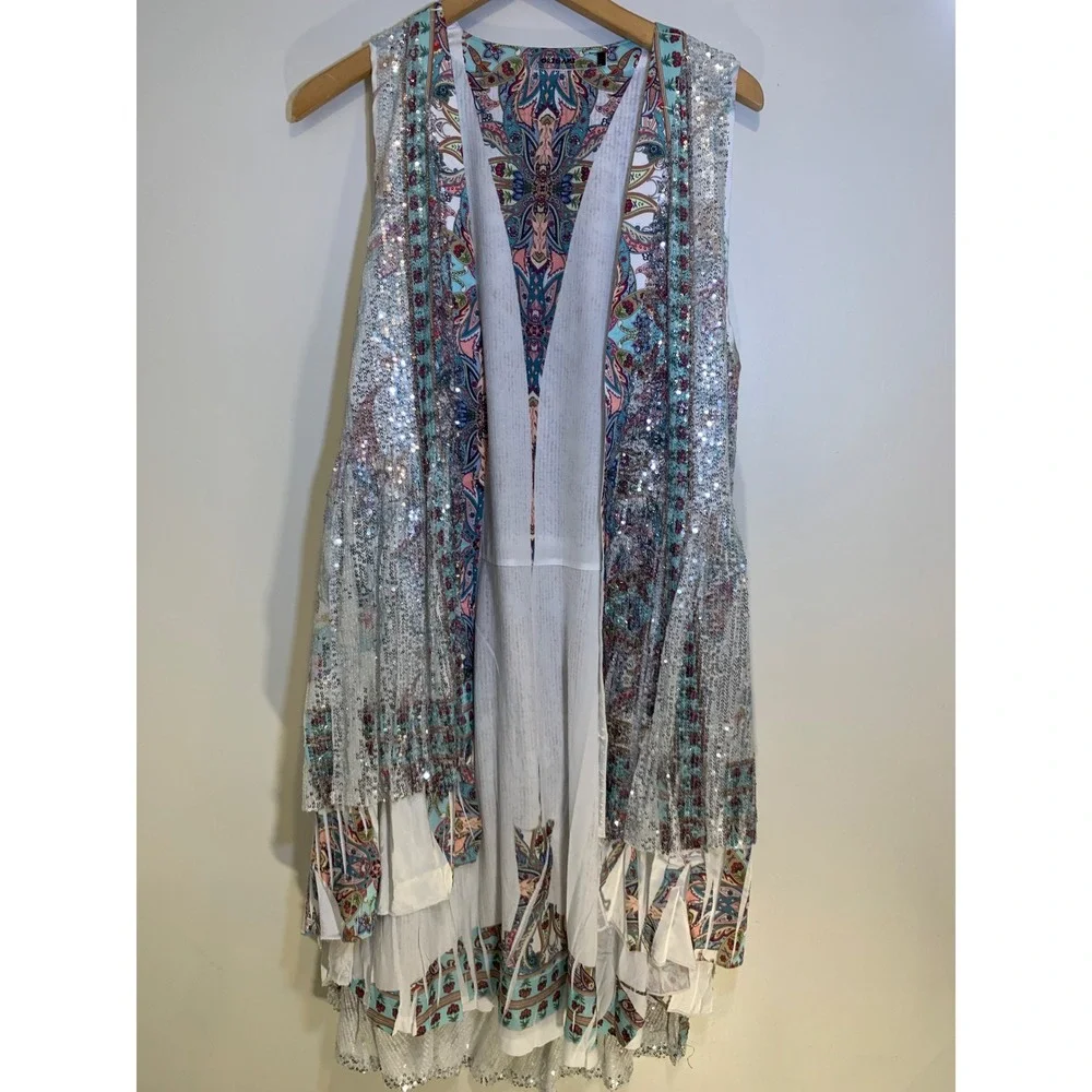 Origami Paisley Sequin Duster Vest L Festival Boho Glam art to wear - Picture 4 of 10